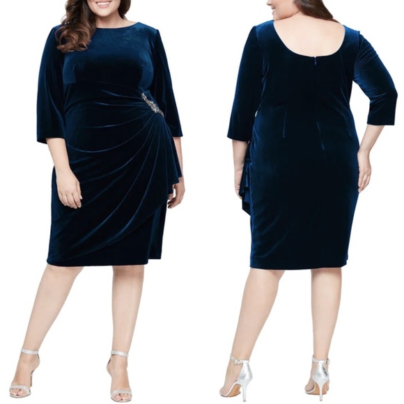 NWT Alex Evenings Velvet Dress w/ Side Ruching & Embellishment Detail at Hip - Picture 1 of 6